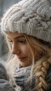 Kobieta z warkoczem w wełnianej czapce i szaliku