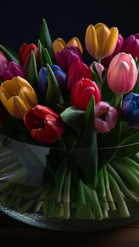 Kolorowe tulipany w wazonie na czarnym tle