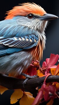Kolorowy ptak na gałązce z liśćmi