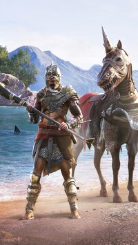 Koń i postać w zbroi z gry Assassins Creed Odyssey