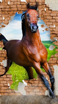 Koń przebiega przez otwór w murze