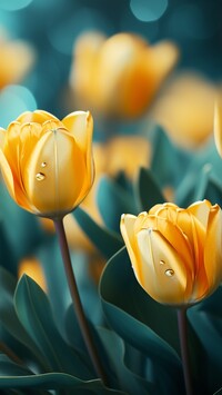 Krople na żółtych tulipanach