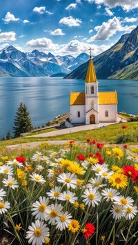 Kwiaty i kościółek na brzegu jeziora