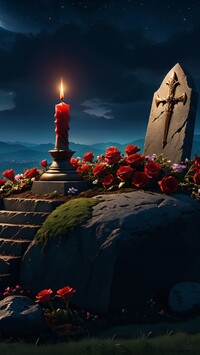 Kwiaty i zapalona świeca na nagrobku