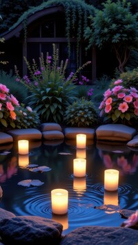 Kwiaty i zapalone świece na oczku wodnym w ogrodzie