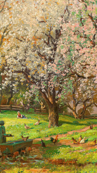 Kwitnące drzewa w sadzie na obrazie Aloisa Arneggera