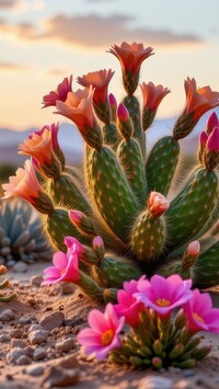 Kwitnące na różowo kaktusy na piasku