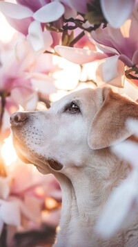 Labrador retriever wśród magnolii