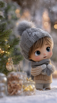 Lalka w wełnianej czapce i ubranku na śniegu