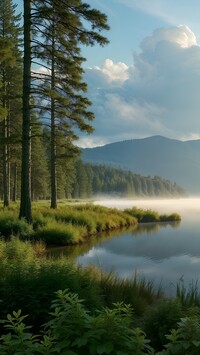 Las i mgła nad jeziorem oraz chmury nad górami