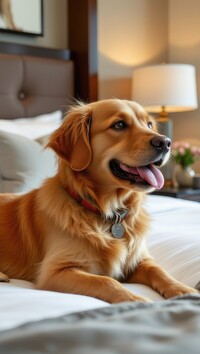 Leżący golden retriever na łóżku