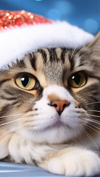 Leżący szary kot w czapce Mikołaja