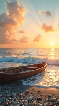 Łódka na brzegu morza o zachodzie słońca