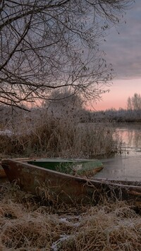 Łódka w szuwarach nad rzeką