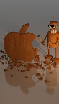 Ludzik z młotkiem przy drewnianym jabłku
