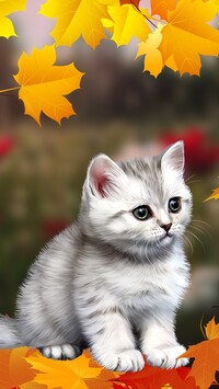 Mały biały kotek wśród jesiennych liści w grafice