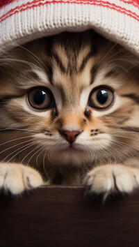 Mały kotek w czapce oparty łapkami o deskę