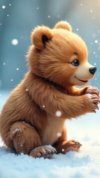 Mały niedźwiadek siedzący na śniegu