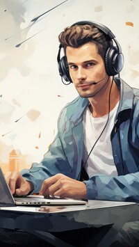 Mężczyzna w słuchawkach przy laptopie