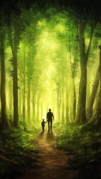 Mężczyzna z dzieckiem na ścieżce w lesie