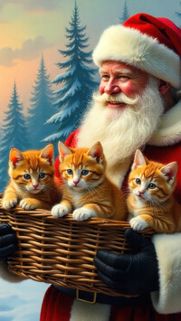 Mikołaj z trzema rudymi kotkami w koszyku
