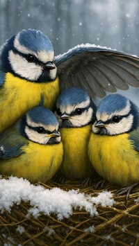 Modraszka zwyczajna z pisklętami w ośnieżonym gniazdku