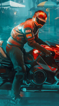 Motocyklista w grze Cyberpunk 2077
