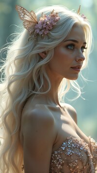 Motyl i kwiaty we włosach blondynki