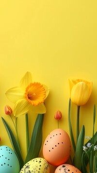 Nakrapiane pisanki i kwiaty na żółtym tle