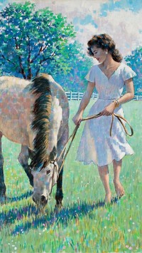 Obraz z kobietą i pasącym się koniem