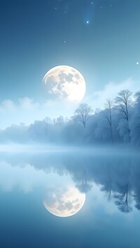 Odbicie oszronionych drzew i księżyca w zamglonym jeziorze