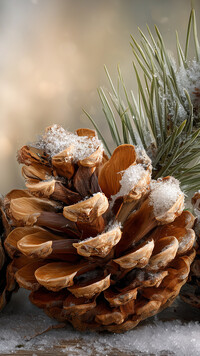 Ośnieżona szyszka i sosnowa gałązka