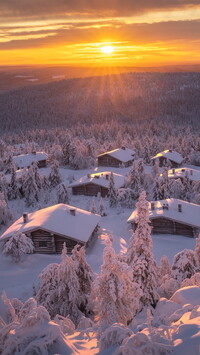 Ośnieżone domki w lasach Finlandii