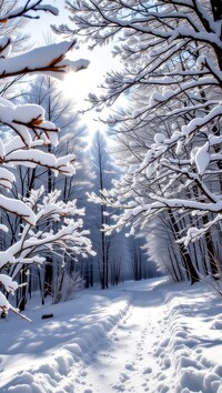 Ośnieżone drzewa i gałęzie przy zaśnieżonej drodze w zimowym lesie