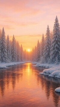 Ośnieżone drzewa iglaste nad rzeką o zachodzie słońca