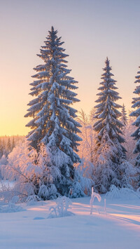 Ośnieżone drzewa na tle nieba zachodzącego słońca