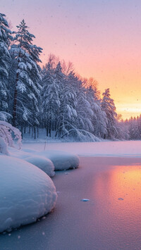 Ośnieżone drzewa nad zamarzniętą rzeką o wschodzie słońca