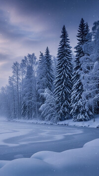 Ośnieżone drzewa nad zamarzniętym jeziorem zimową porą