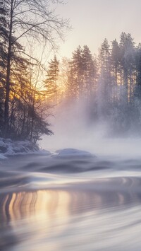 Ośnieżone drzewa nad zamgloną rzeką