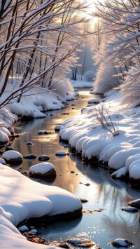 Ośnieżone drzewa po obu stronach rzeki w zimowym lesie