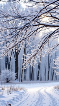 Ośnieżone gałęzie nad leśną drogą