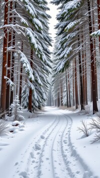 Ośnieżone wysokie drzewa przy zaśnieżonej leśnej drodze