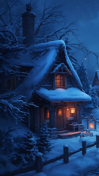 Ośnieżony i oświetlony nocą dom pod drzewami w zimowej scenerii