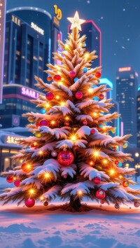 Oświetlona i ośnieżona choinka na ulicy miasta