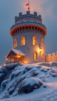 Oświetlona wieża na ośnieżonej skale