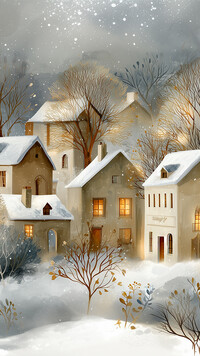 Oświetlone domy i drzewa w zimowej scenerii