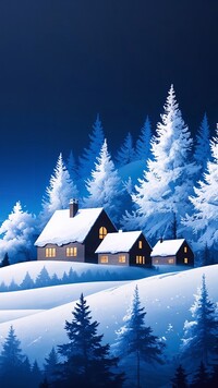 Oświetlone nocą domy pod lasem zimową porą