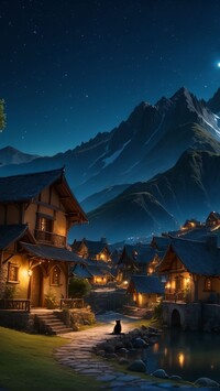 Oświetlone nocą domy w górskiej wiosce