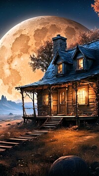 Oświetlone okna w drewnianym domku na tle księżyca w pełni