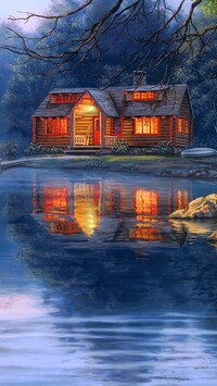 Oświetlony dom na obrazie Darrella Busha